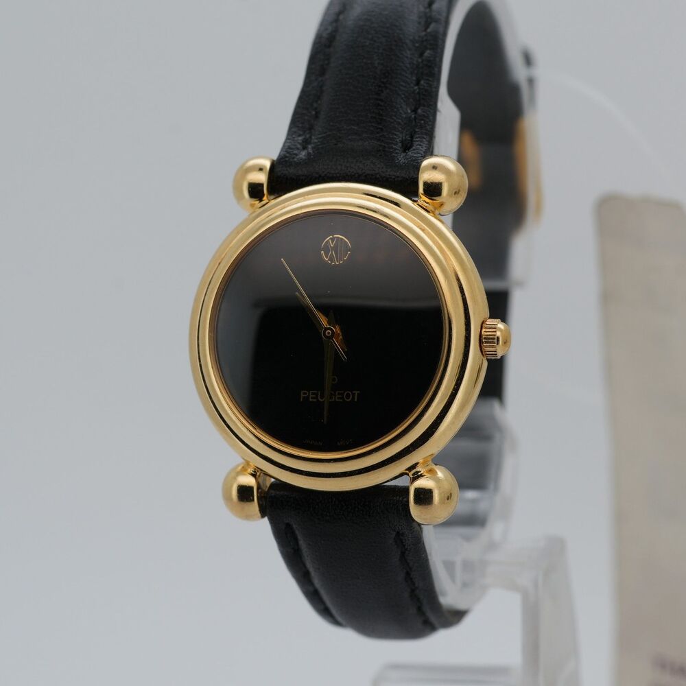 Peugeot Ref 232 28mm Gold Tone Watch Black Dial New Battery w/ Tags